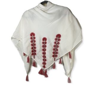 White scarf with red Tassels and stitch design